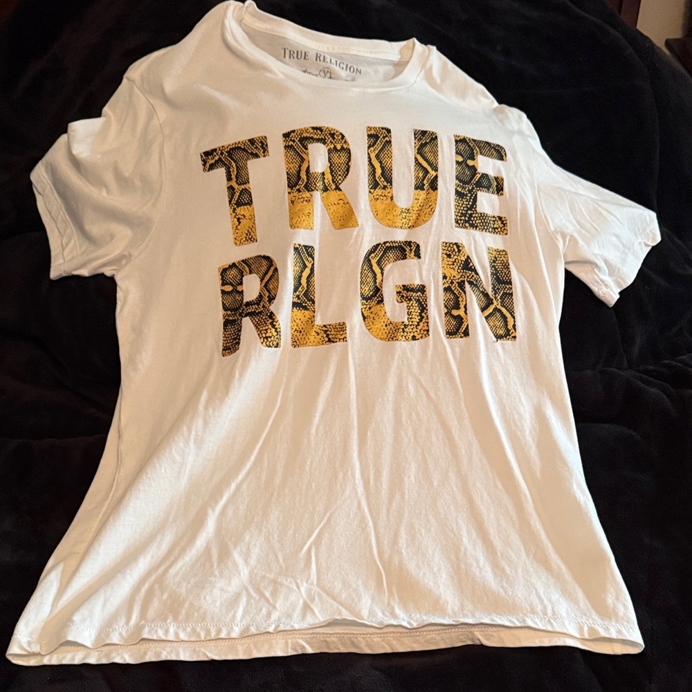 True Religion White Tee with Gold and Black Print